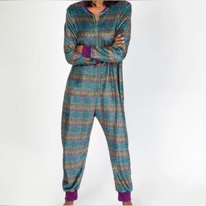 Natural Life Multi Color Print One Piece Zip Up Pajamas Loungewear